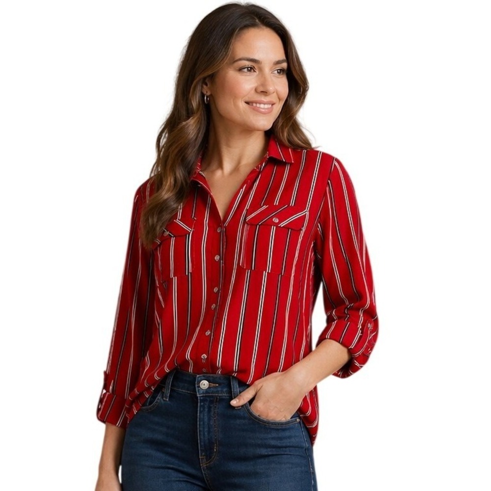 Adrienne Vittadini Button Down Women Small Red Striped Pocket Tie Sleeve Blouse